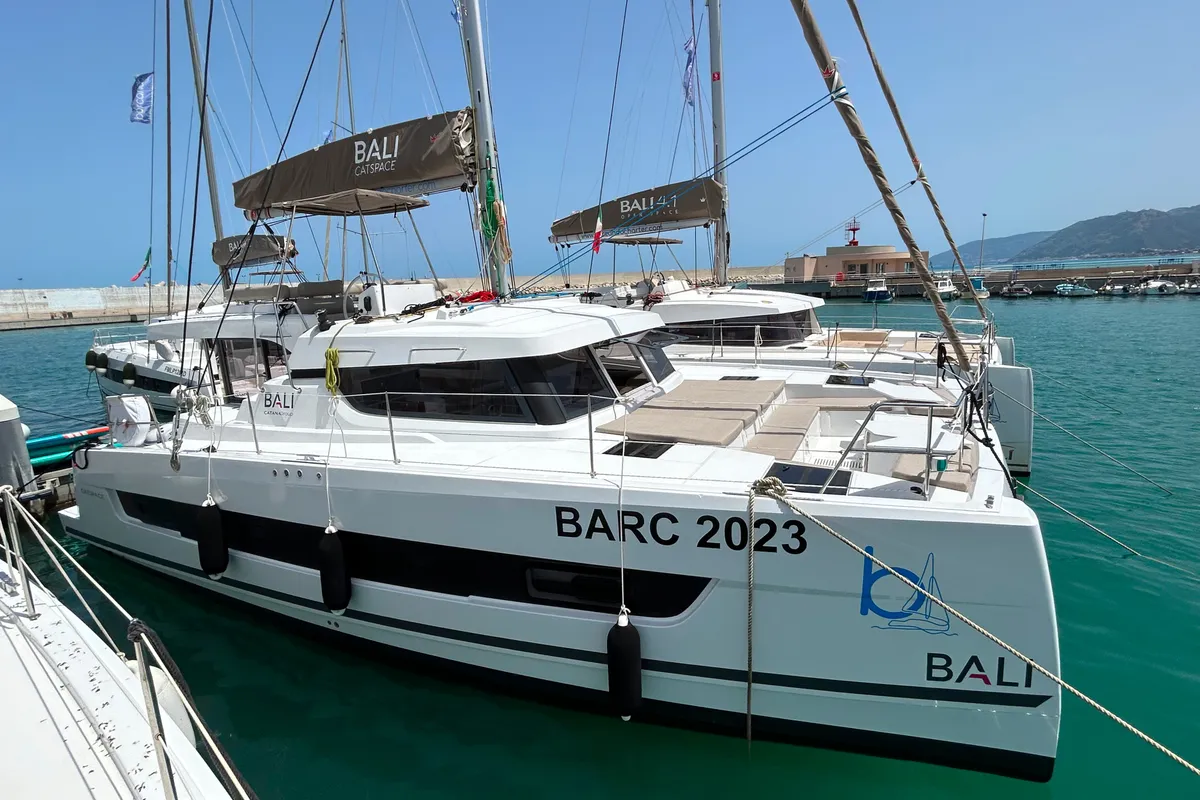 Exterior view of Wow, a Bali Catspace catamaran at Capo d'Orlando, Italy