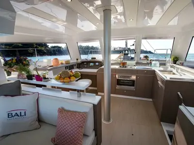 Salon of Wow, a Bali Catspace catamaran at Capo d'Orlando, Italy