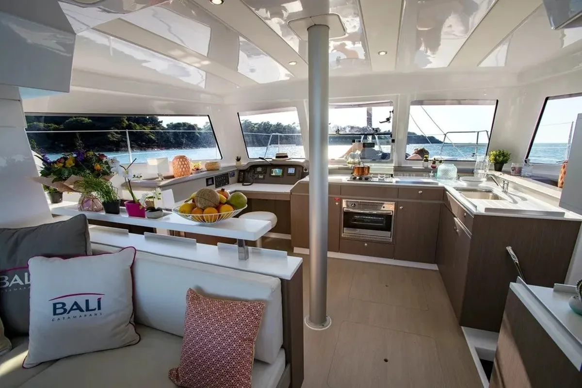 Salon of Wow, a Bali Catspace catamaran at Capo d'Orlando, Italy