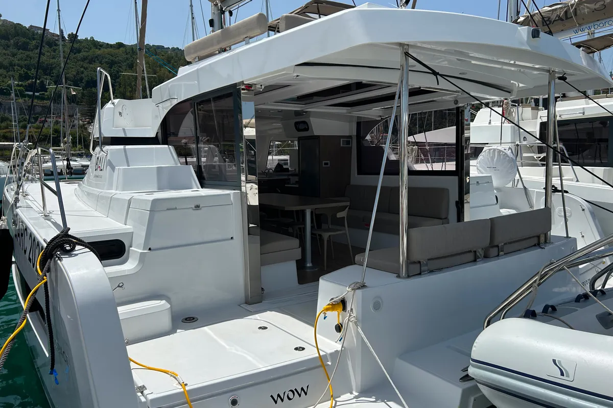 Deck of Wow, a Bali Catspace catamaran at Capo d'Orlando, Italy
