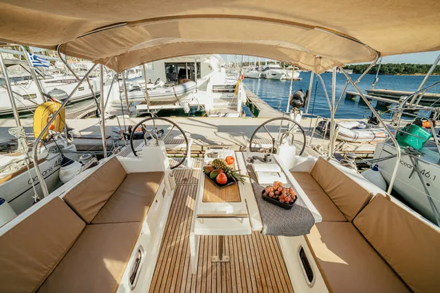 Cockpit of HAPPY, a Beneteau Oceanis 38 sailboat at Šibenik, Croatia