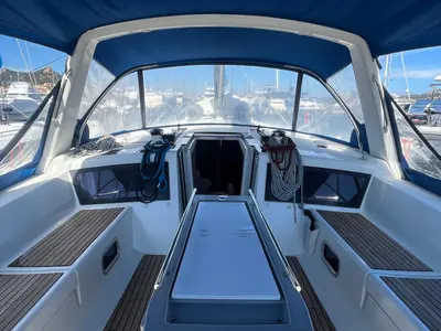 Cockpit of Marilyn, a Beneteau Oceanis 48 sailboat at Cannigione, Italy