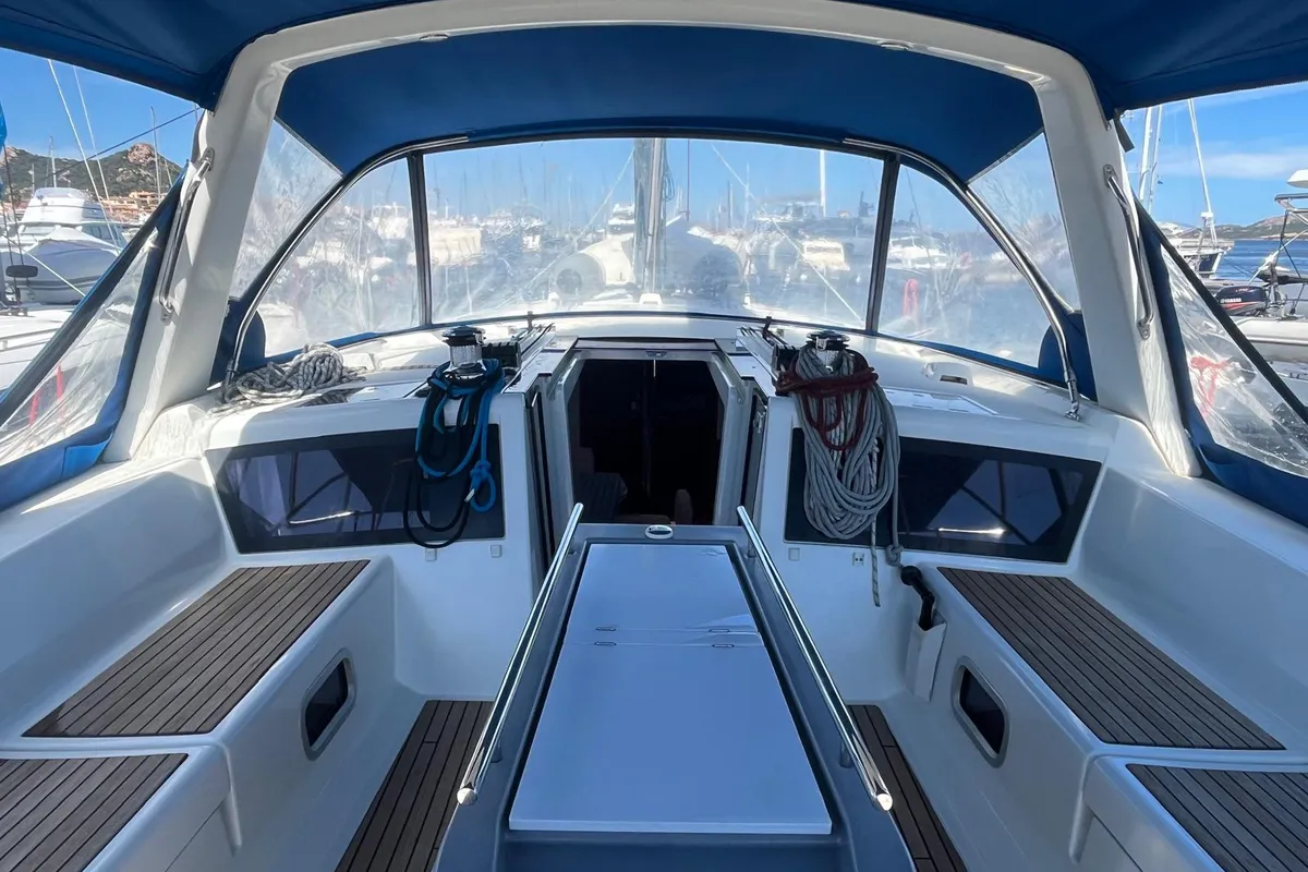 Cockpit of Marilyn, a Beneteau Oceanis 48 sailboat at Cannigione, Italy