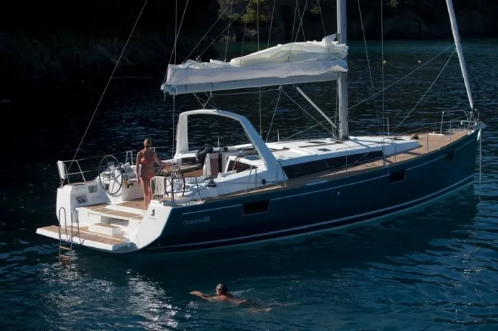 Exterior view of Marilyn, a Beneteau Oceanis 48 sailboat at Cannigione, Italy