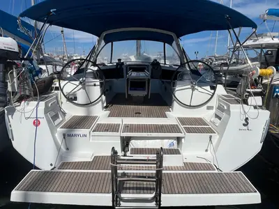 Deck of Marilyn, a Beneteau Oceanis 48 sailboat at Cannigione, Italy