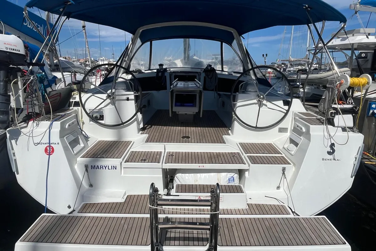 Deck of Marilyn, a Beneteau Oceanis 48 sailboat at Cannigione, Italy