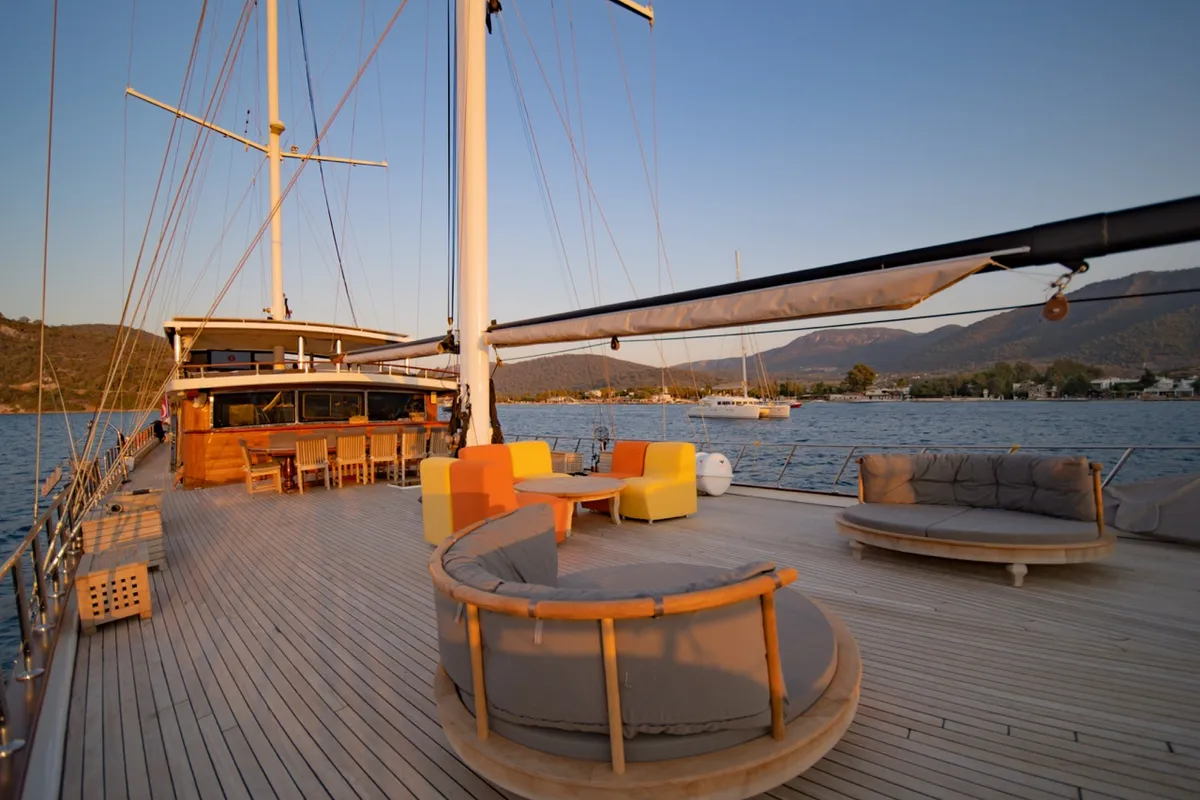 Deck of Caustic, a Custom Made Caustic sailboat at Bodrum, Turkey