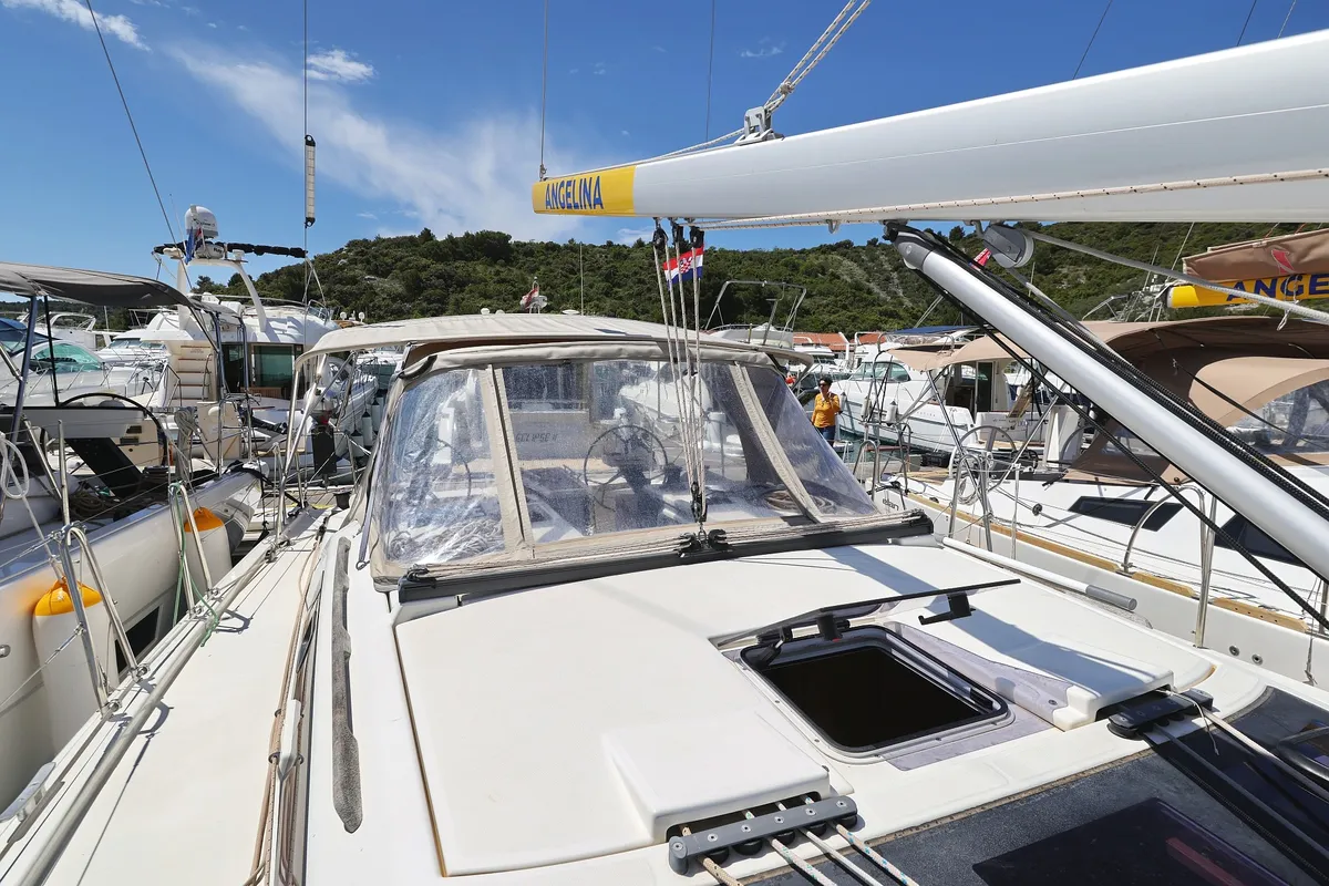 Deck of Olmato, a Dufour 390 sailboat at Primošten, Croatia