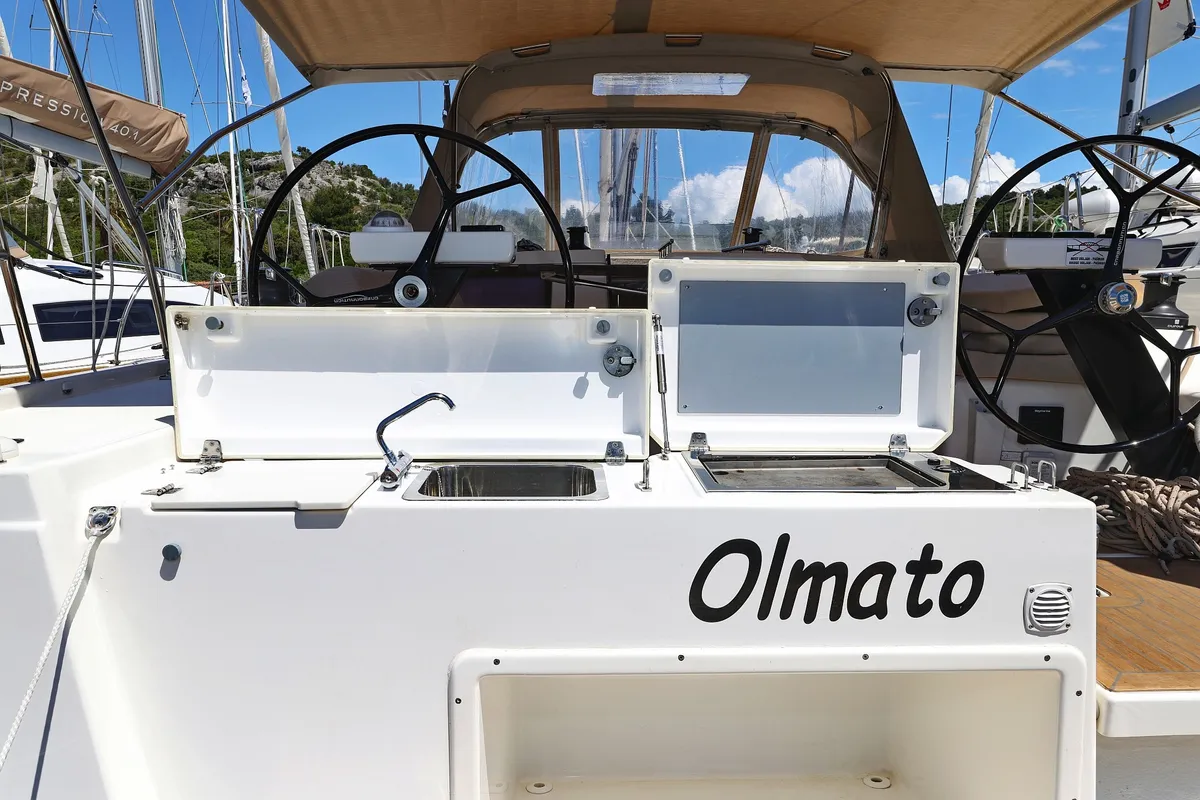 Deck of Olmato, a Dufour 390 sailboat at Primošten, Croatia