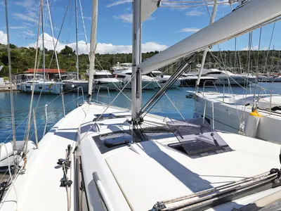Deck of Olmato, a Dufour 390 sailboat at Primošten, Croatia