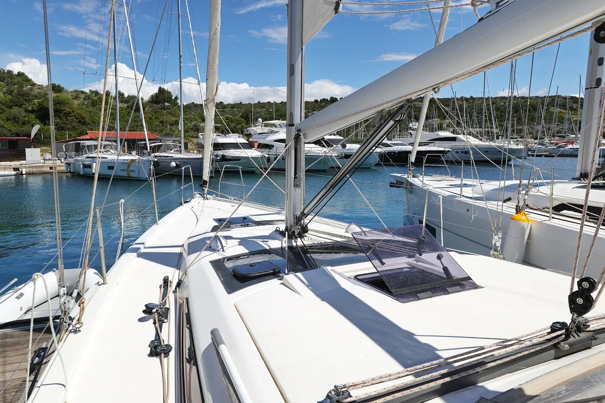 Deck of Olmato, a Dufour 390 sailboat at Primošten, Croatia