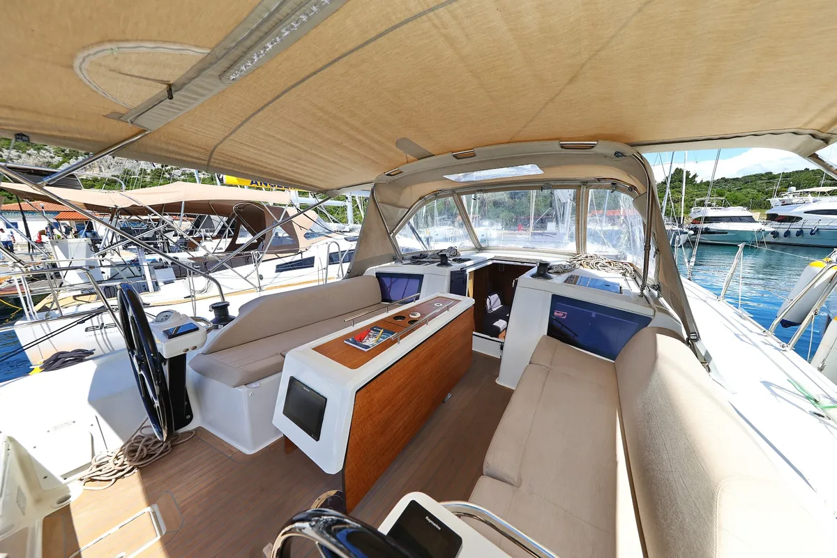 Cockpit of Olmato, a Dufour 390 sailboat at Primošten, Croatia