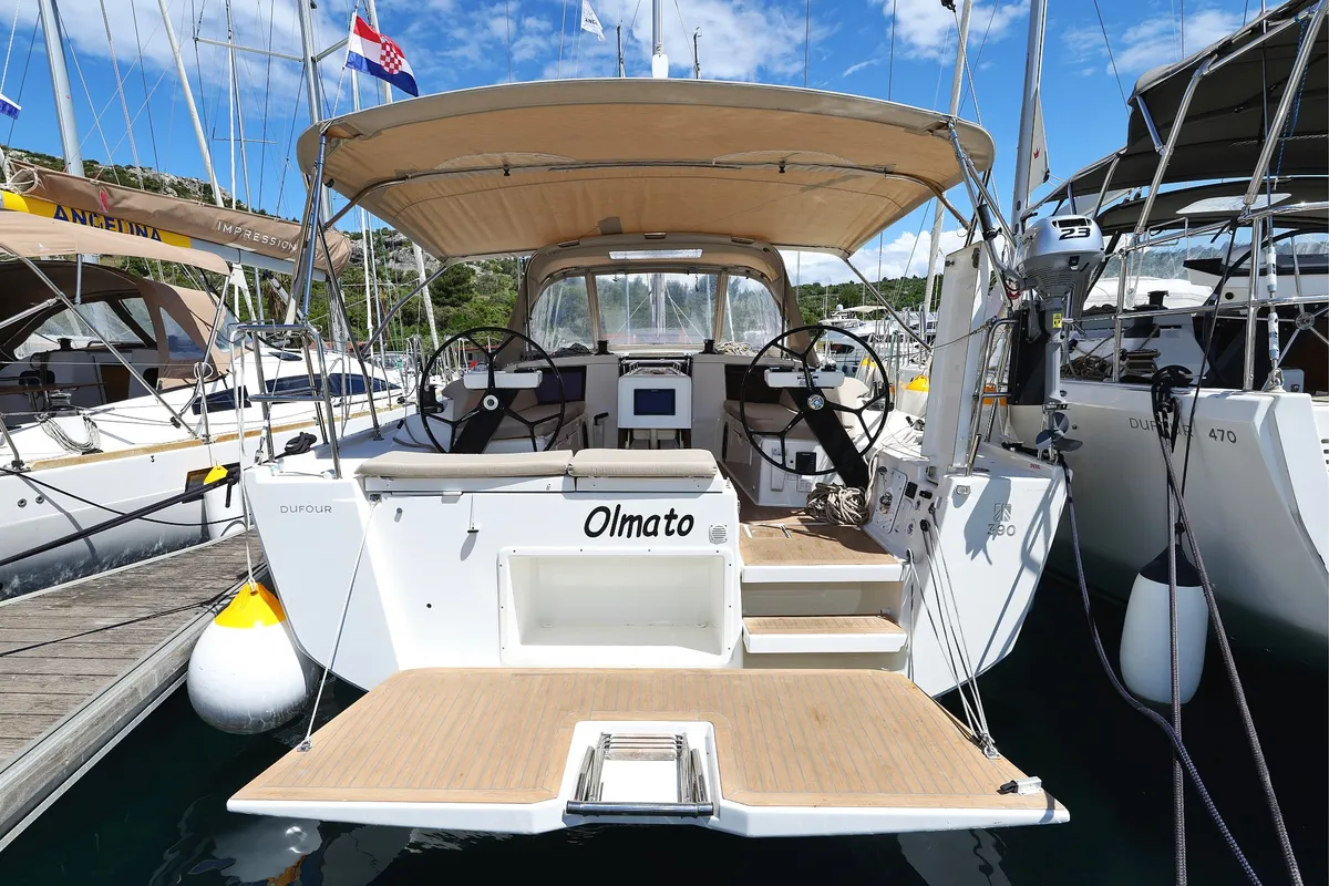 Exterior view of Olmato, a Dufour 390 sailboat at Primošten, Croatia