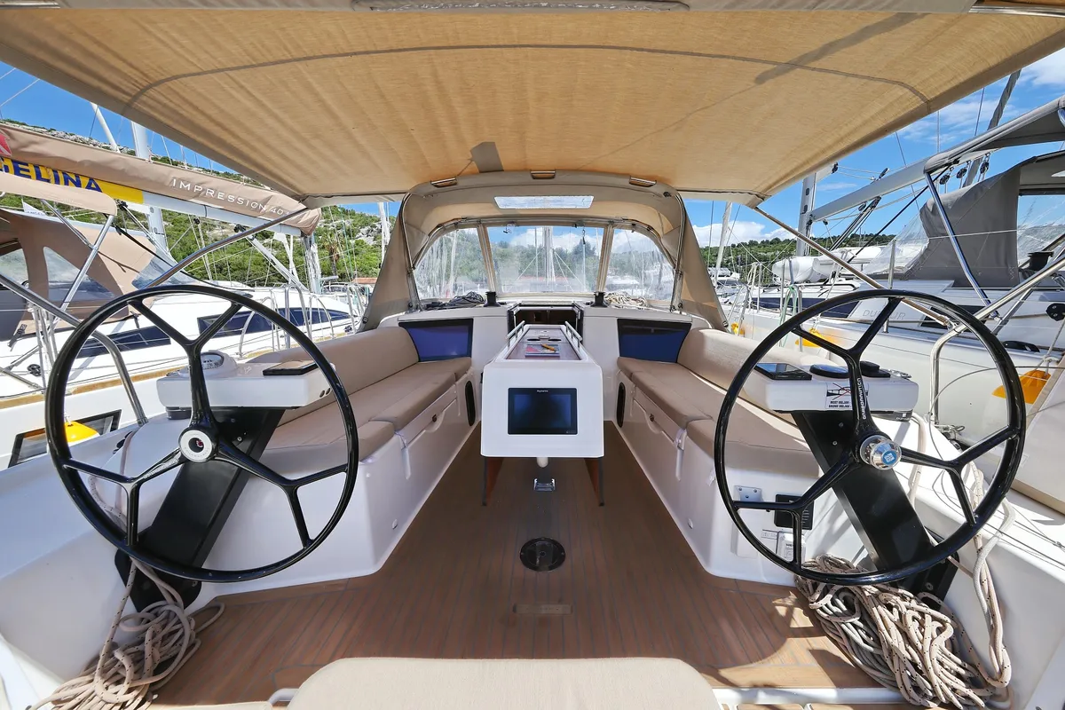 Cockpit of Olmato, a Dufour 390 sailboat at Primošten, Croatia