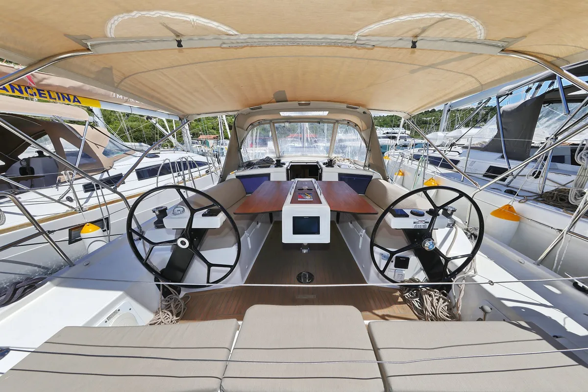 Cockpit of Olmato, a Dufour 390 sailboat at Primošten, Croatia