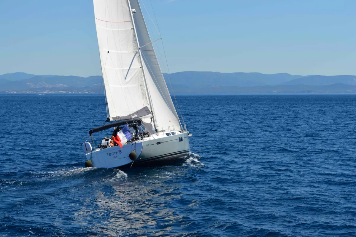 Exterior view of Team B, a Hanse 505 sailboat at Grimaud, France