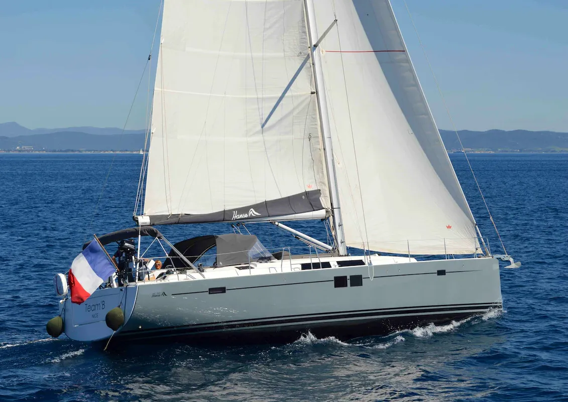 Exterior view of Team B, a Hanse 505 sailboat at Grimaud, France
