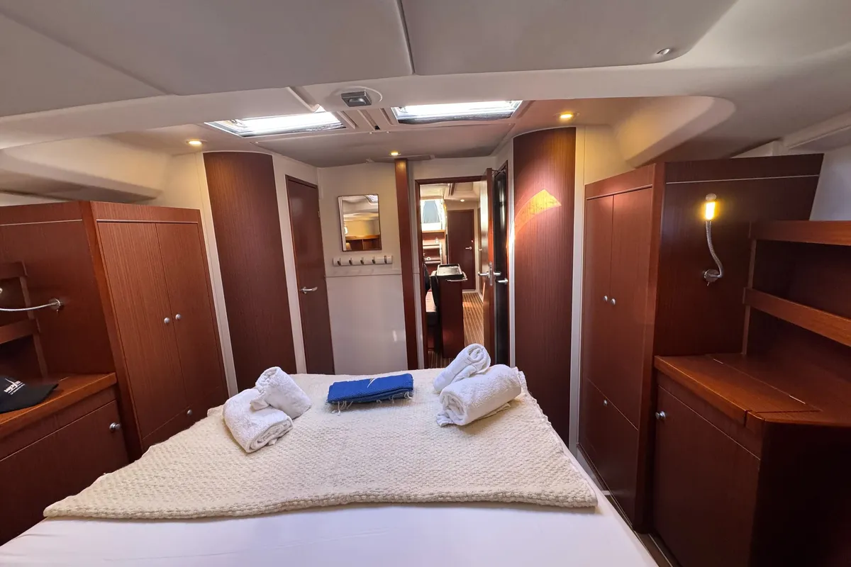 Cabin on Team B, a Hanse 505 sailboat at Grimaud, France