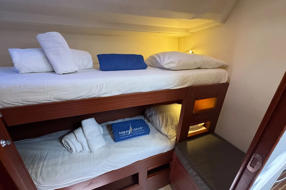 Cabin on Team B, a Hanse 505 sailboat at Grimaud, France