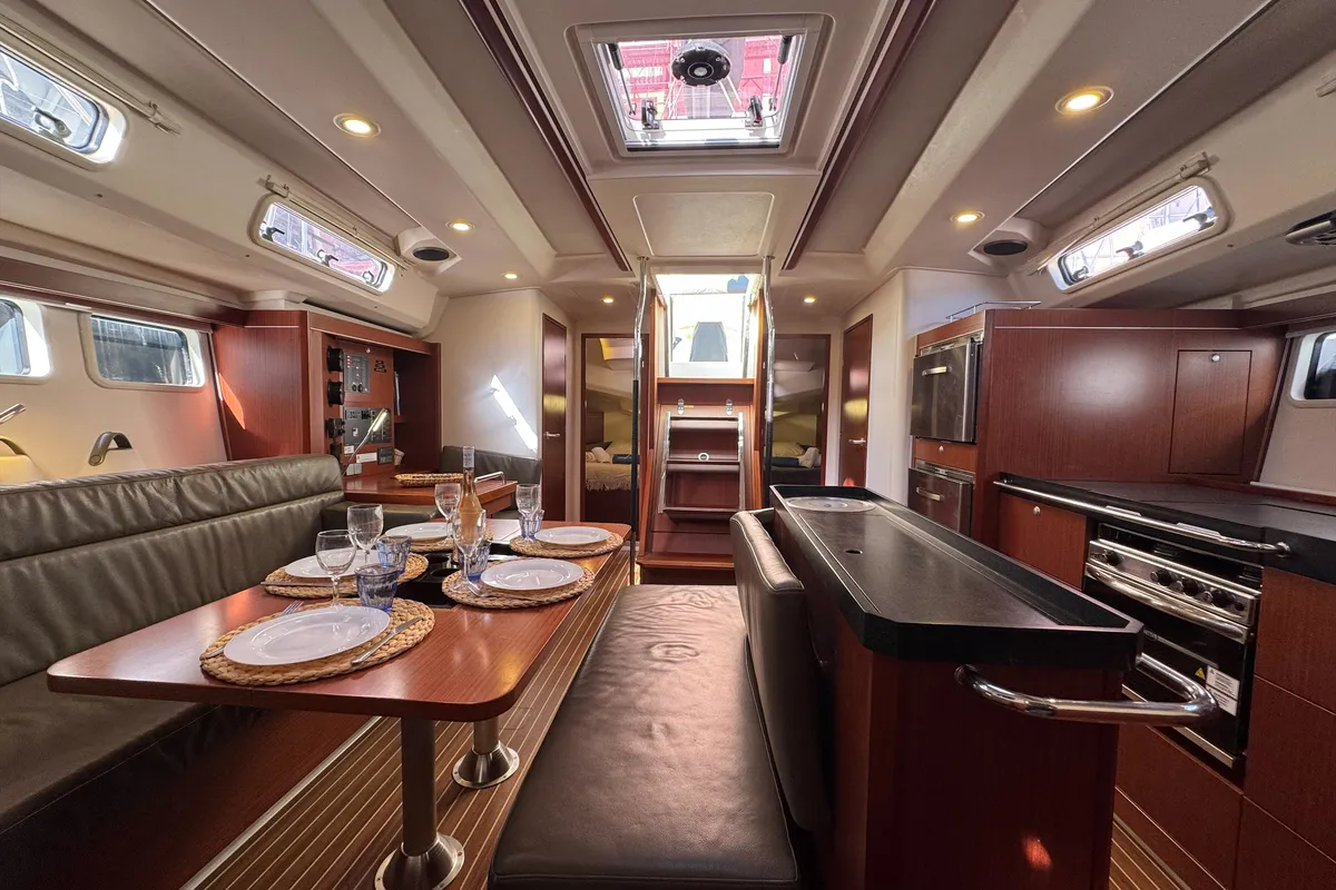 Salon of Team B, a Hanse 505 sailboat at Grimaud, France
