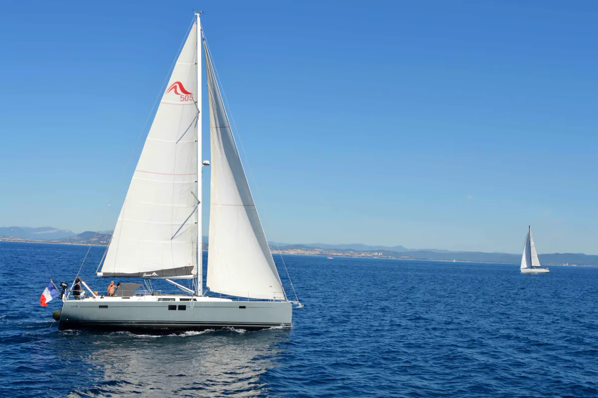 Exterior view of Team B, a Hanse 505 sailboat at Grimaud, France