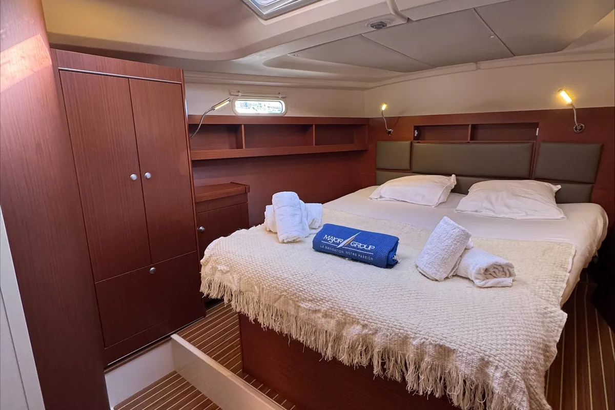 Cabin on Team B, a Hanse 505 sailboat at Grimaud, France