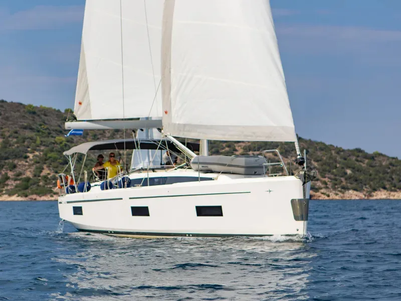 Exterior view of Bluestone, a Bavaria C42 sailboat at Pylaros, Greece