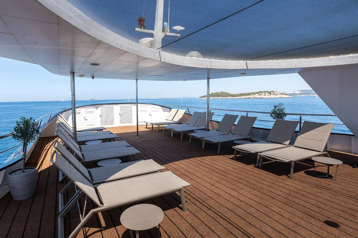 Deck of Premium +, a Gulet Power Catamaran catamaran at Split, Croatia