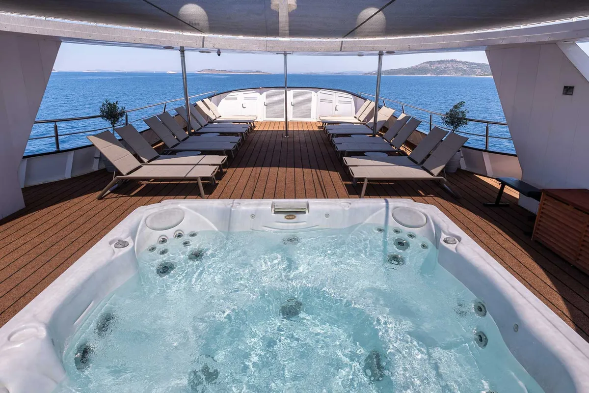 Deck of Premium +, a Gulet Power Catamaran catamaran at Split, Croatia