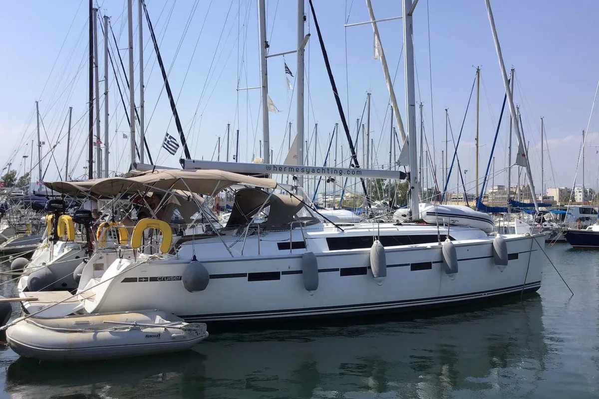 Exterior view of Leonidas, a Bavaria Cruiser 41 sailboat at Lavrion, Greece