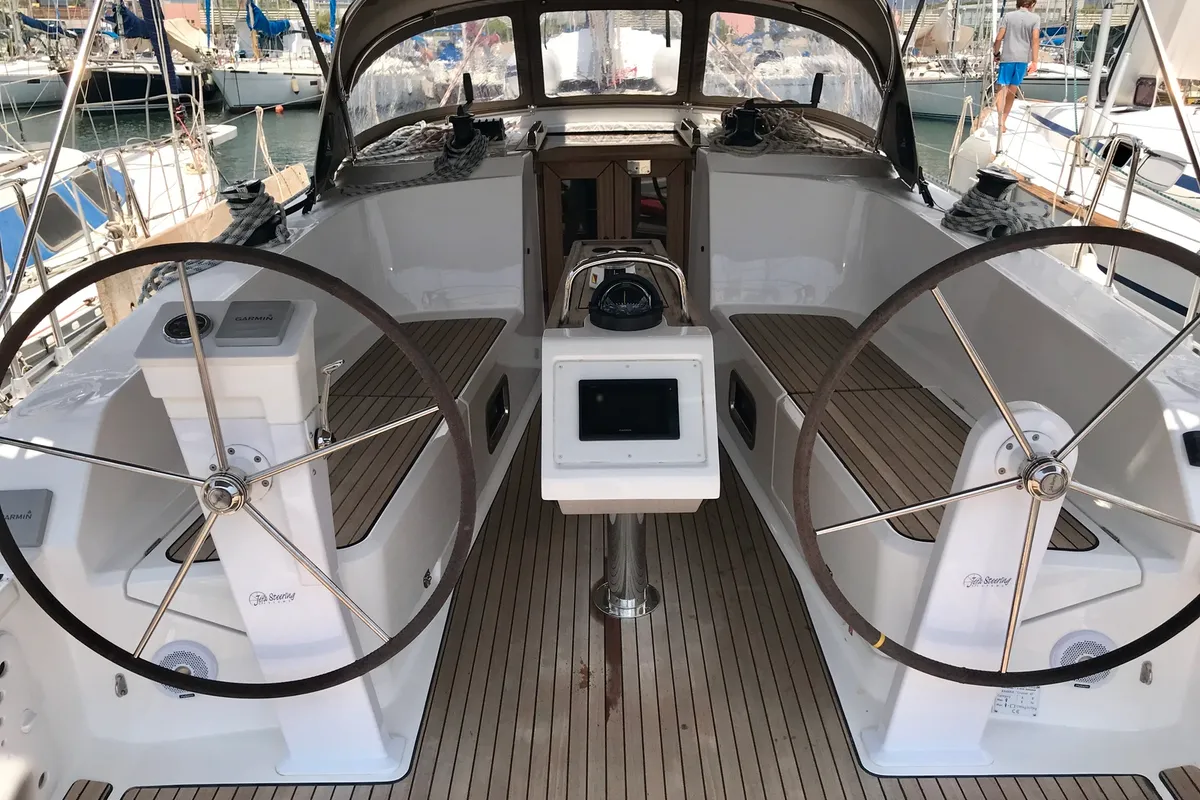 Cockpit of Leonidas, a Bavaria Cruiser 41 sailboat at Lavrion, Greece