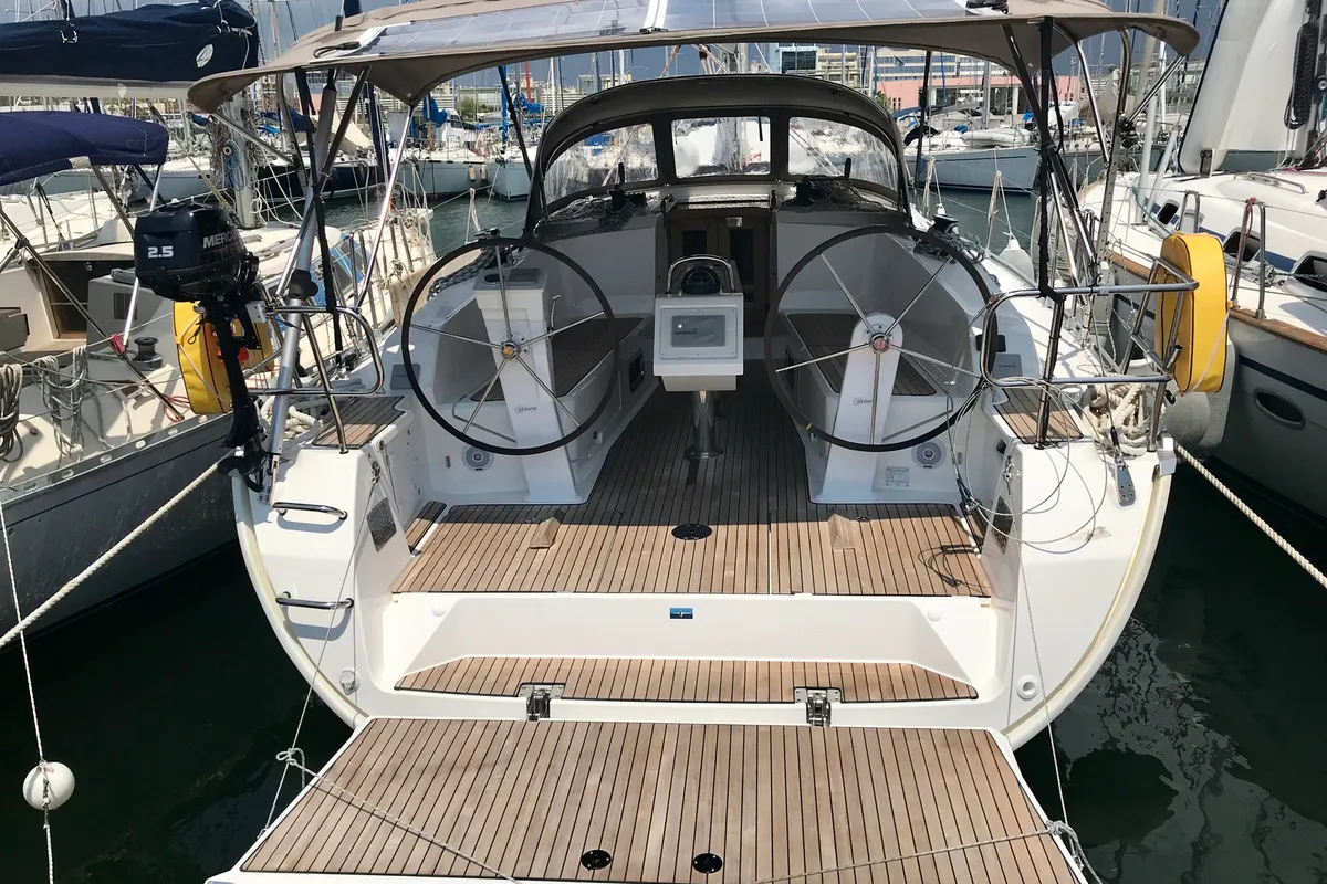 Cockpit of Leonidas, a Bavaria Cruiser 41 sailboat at Lavrion, Greece