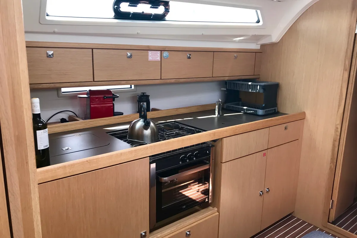 Galley of Leonidas, a Bavaria Cruiser 41 sailboat at Lavrion, Greece