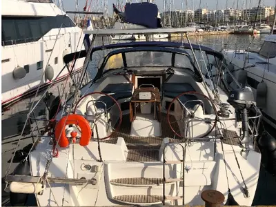 Cockpit of Christianna 12, a Jeanneau 53 sailboat at Athens, Greece
