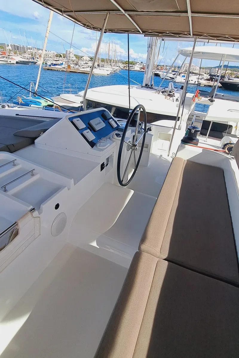 Cockpit of Lluna, a Lagoon 450 catamaran at Sant Antoni de Portmany, Spain