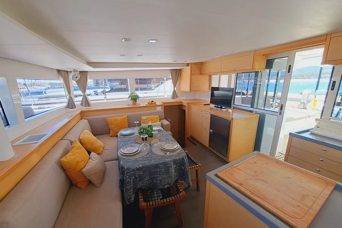 Salon of Lluna, a Lagoon 450 catamaran at Sant Antoni de Portmany, Spain