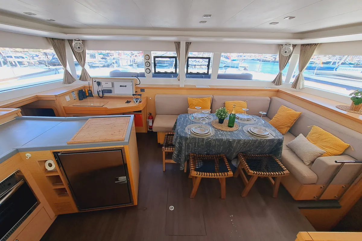 Salon of Lluna, a Lagoon 450 catamaran at Sant Antoni de Portmany, Spain