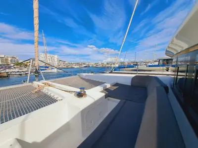 Deck of Lluna, a Lagoon 450 catamaran at Sant Antoni de Portmany, Spain