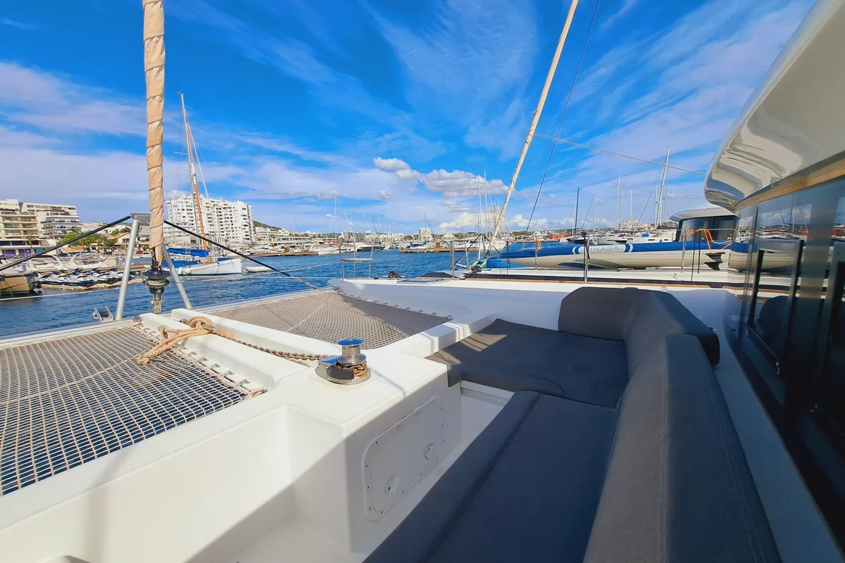 Deck of Lluna, a Lagoon 450 catamaran at Sant Antoni de Portmany, Spain
