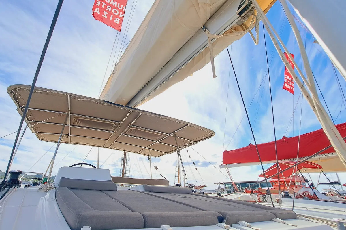 Deck of Lluna, a Lagoon 450 catamaran at Sant Antoni de Portmany, Spain