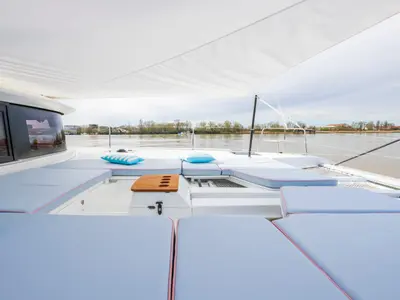 Deck of Lodire, a Lagoon 46 catamaran at Athens, Greece