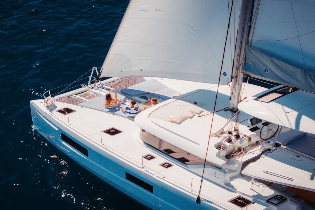 Exterior view of Lodire, a Lagoon 46 catamaran at Athens, Greece