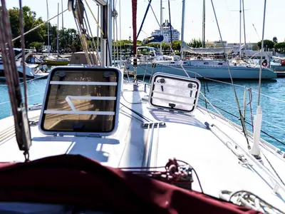 Deck of Andromeda, a Dufour 43 sailboat at Ellomenos, Greece