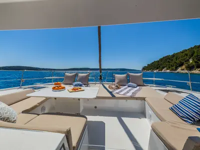 Deck of Azurea, a Bali 4.8 catamaran at Lavreotiki Municipal Unit, Greece