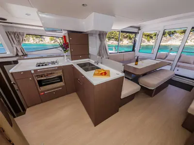Galley of Azurea, a Bali 4.8 catamaran at Lavreotiki Municipal Unit, Greece