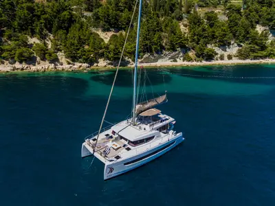 Exterior view of Azurea, a Bali 4.8 catamaran at Lavreotiki Municipal Unit, Greece