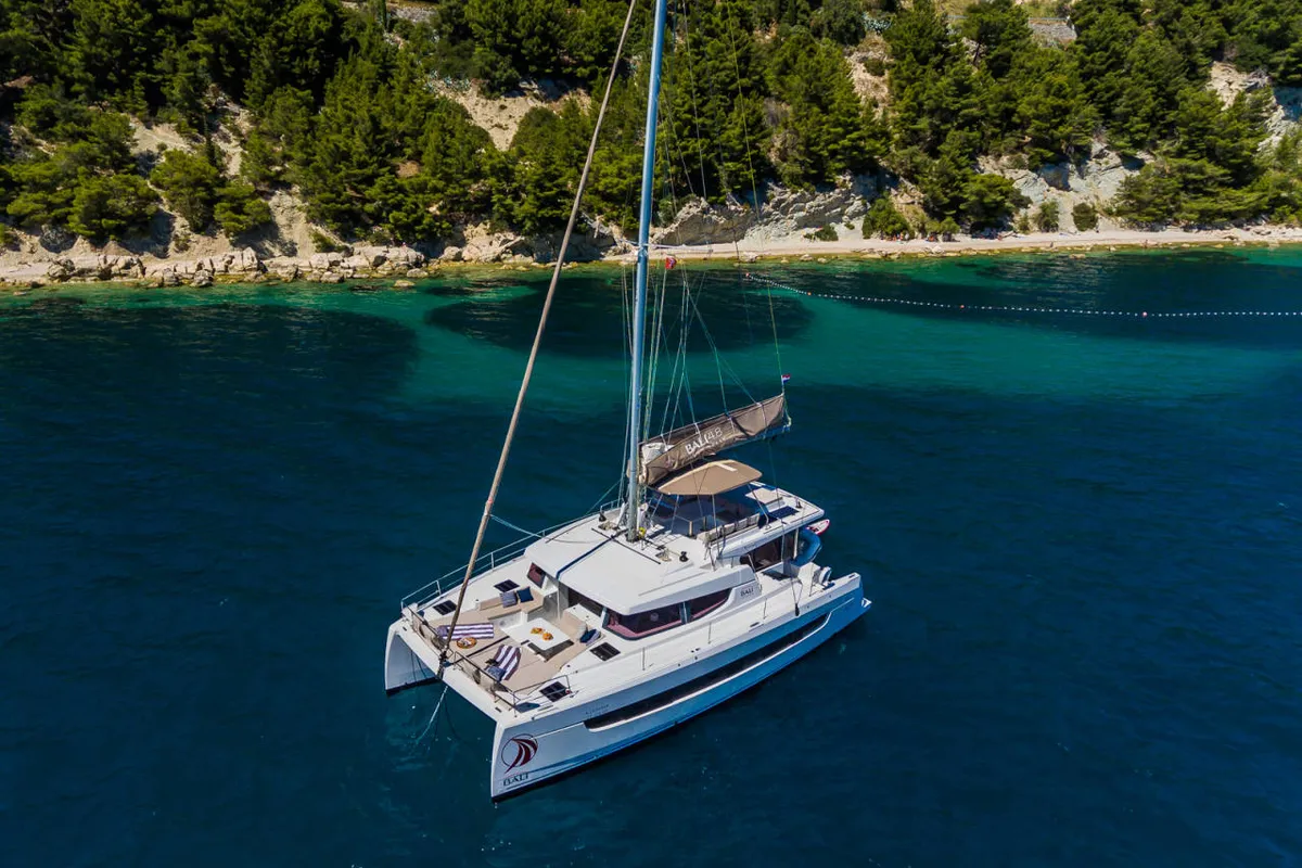 Exterior view of Azurea, a Bali 4.8 catamaran at Lavreotiki Municipal Unit, Greece