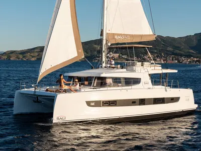 Exterior view of Azurea, a Bali 4.8 catamaran at Lavreotiki Municipal Unit, Greece
