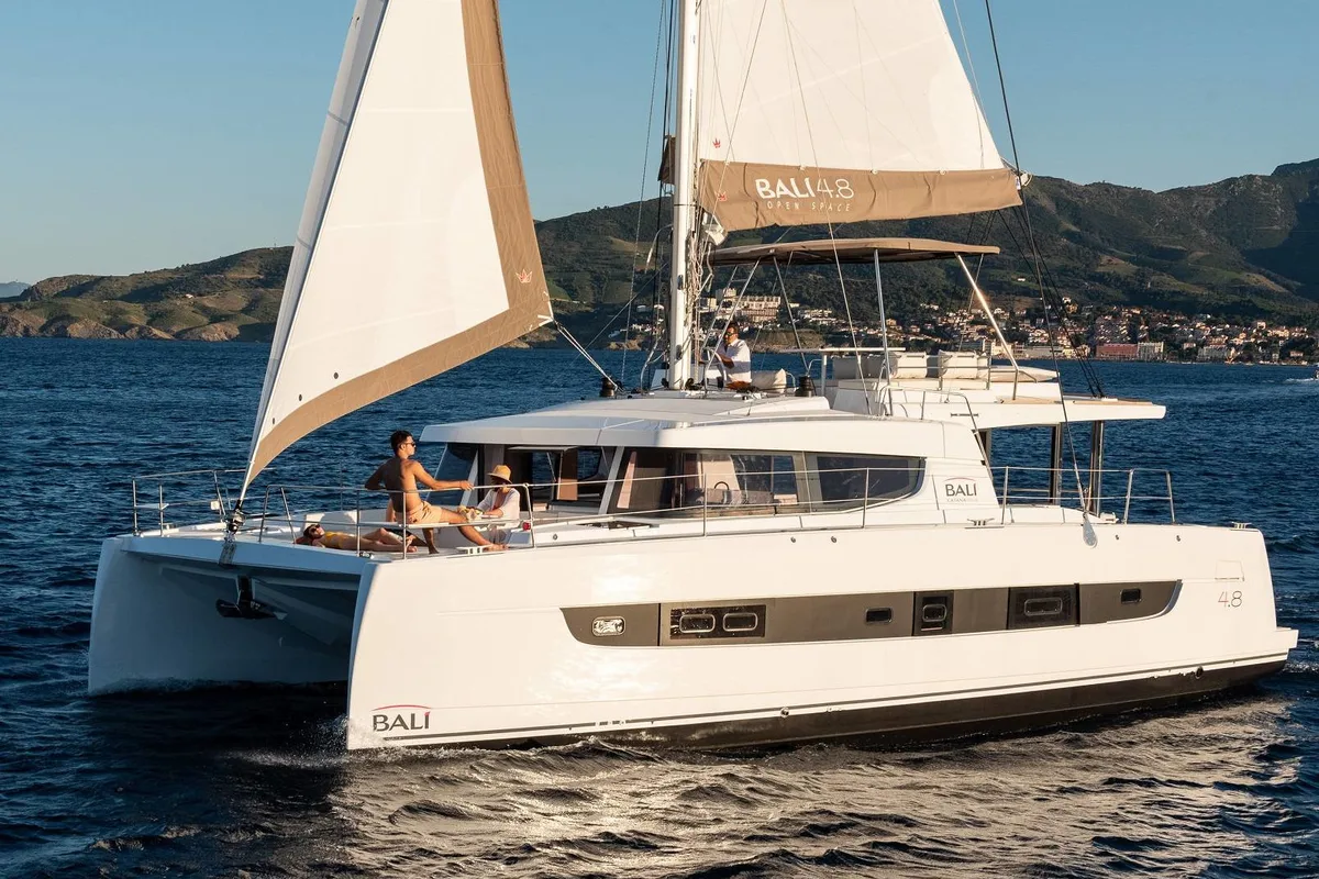 Exterior view of Azurea, a Bali 4.8 catamaran at Lavreotiki Municipal Unit, Greece