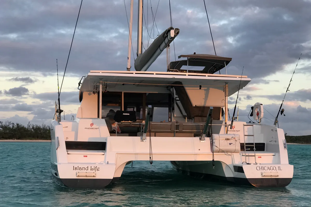 Exterior view of Island Life, a Fountaine Pajot Lucia 40 catamaran at Road Town, British Virgin Islands